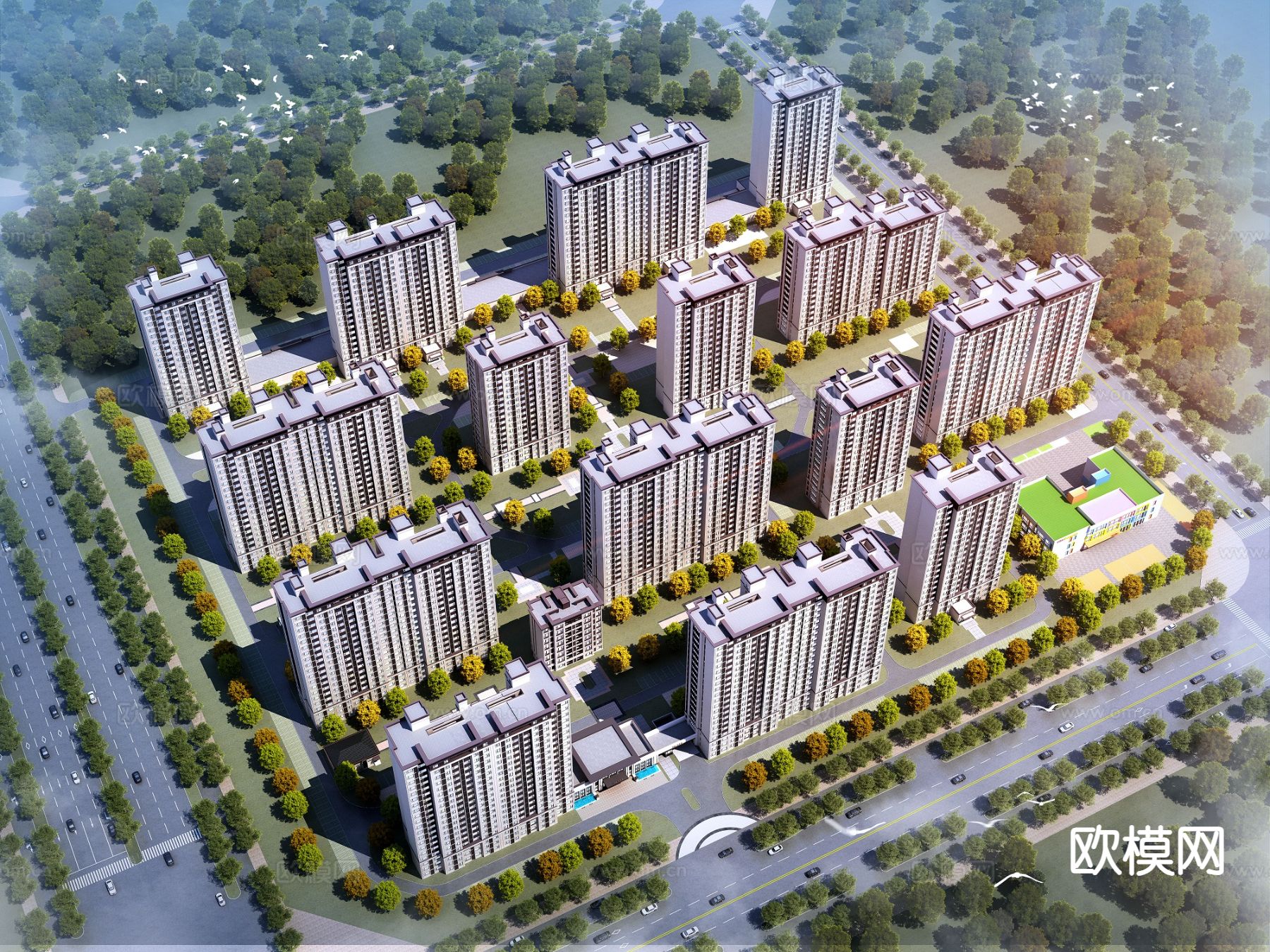 住宅小区鸟瞰3d模型下载