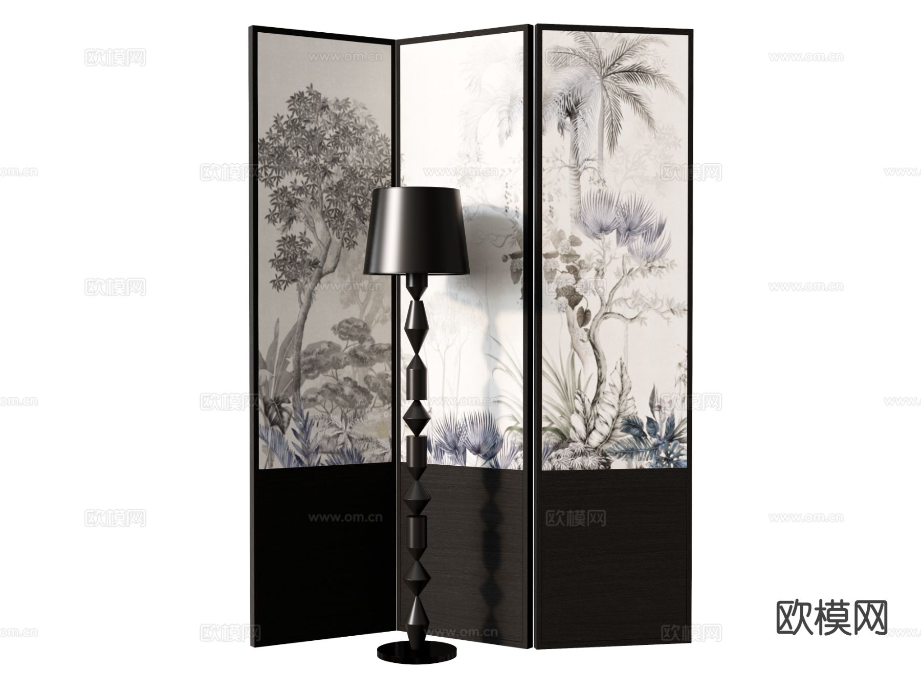 新中式隔断屏风  落地灯su模型下载（渲染图2）