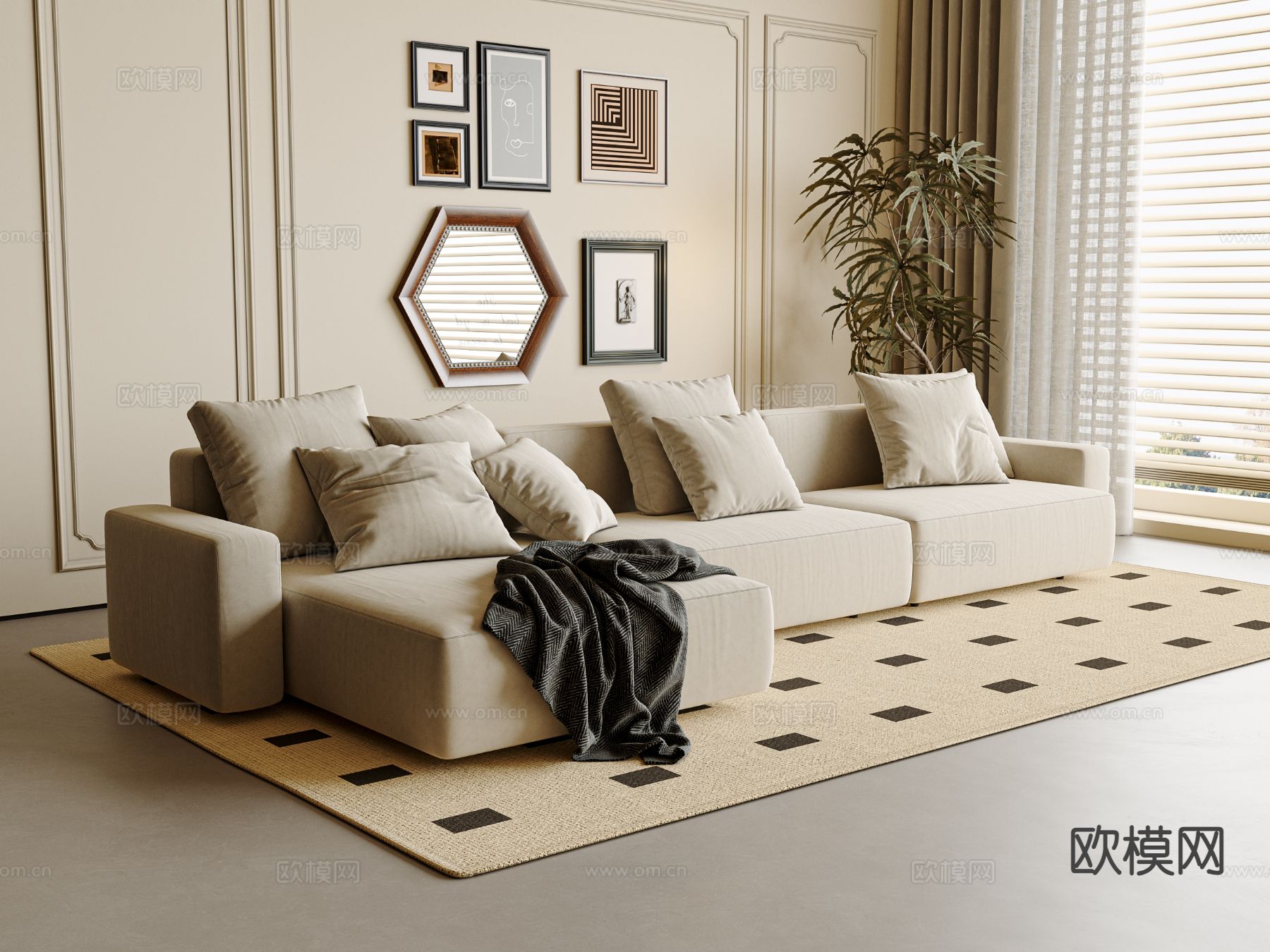 中古风沙发 多人沙发3d模型下载