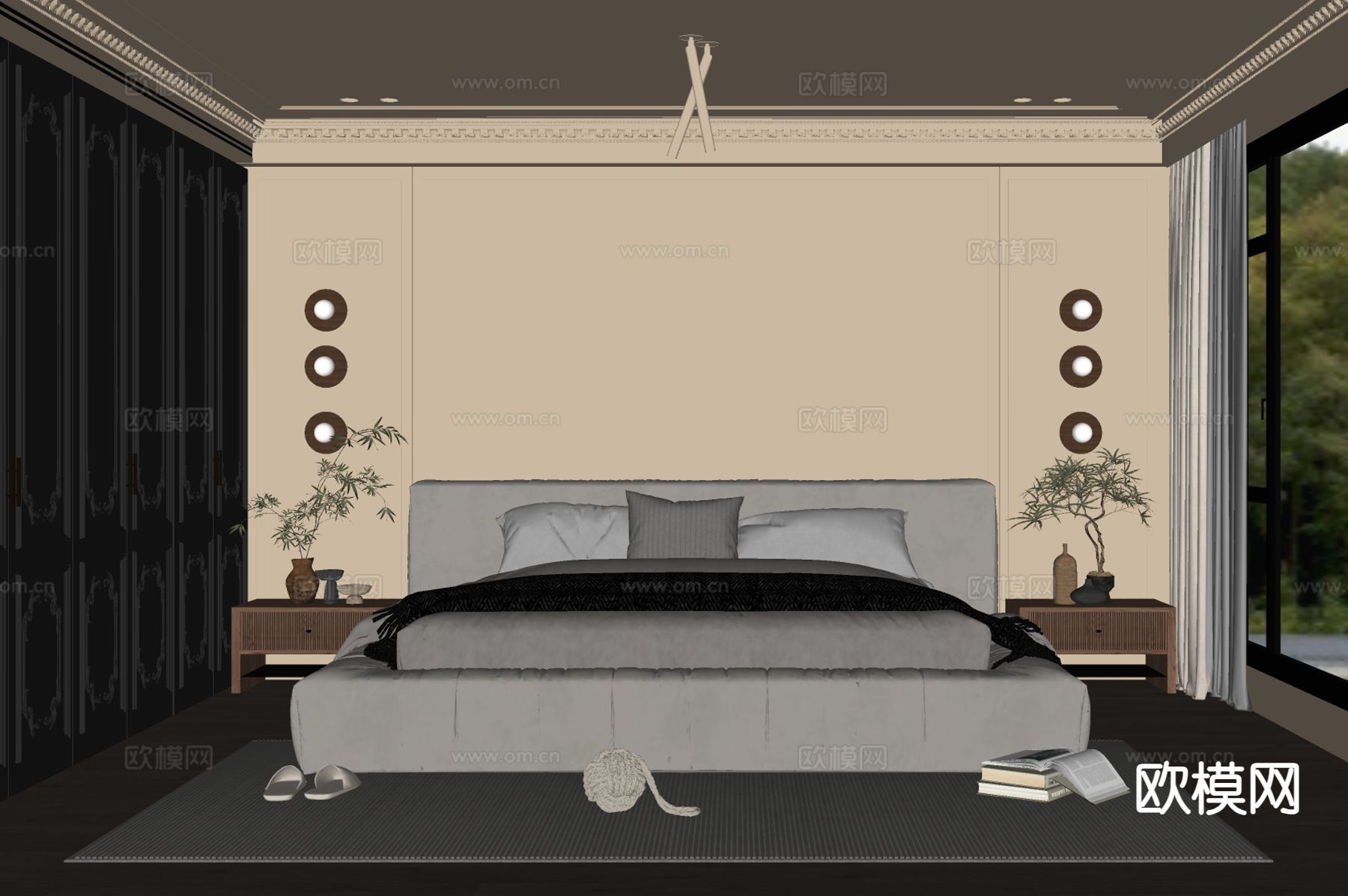 中古风卧室 主卧 主人房su模型下载（渲染图1）