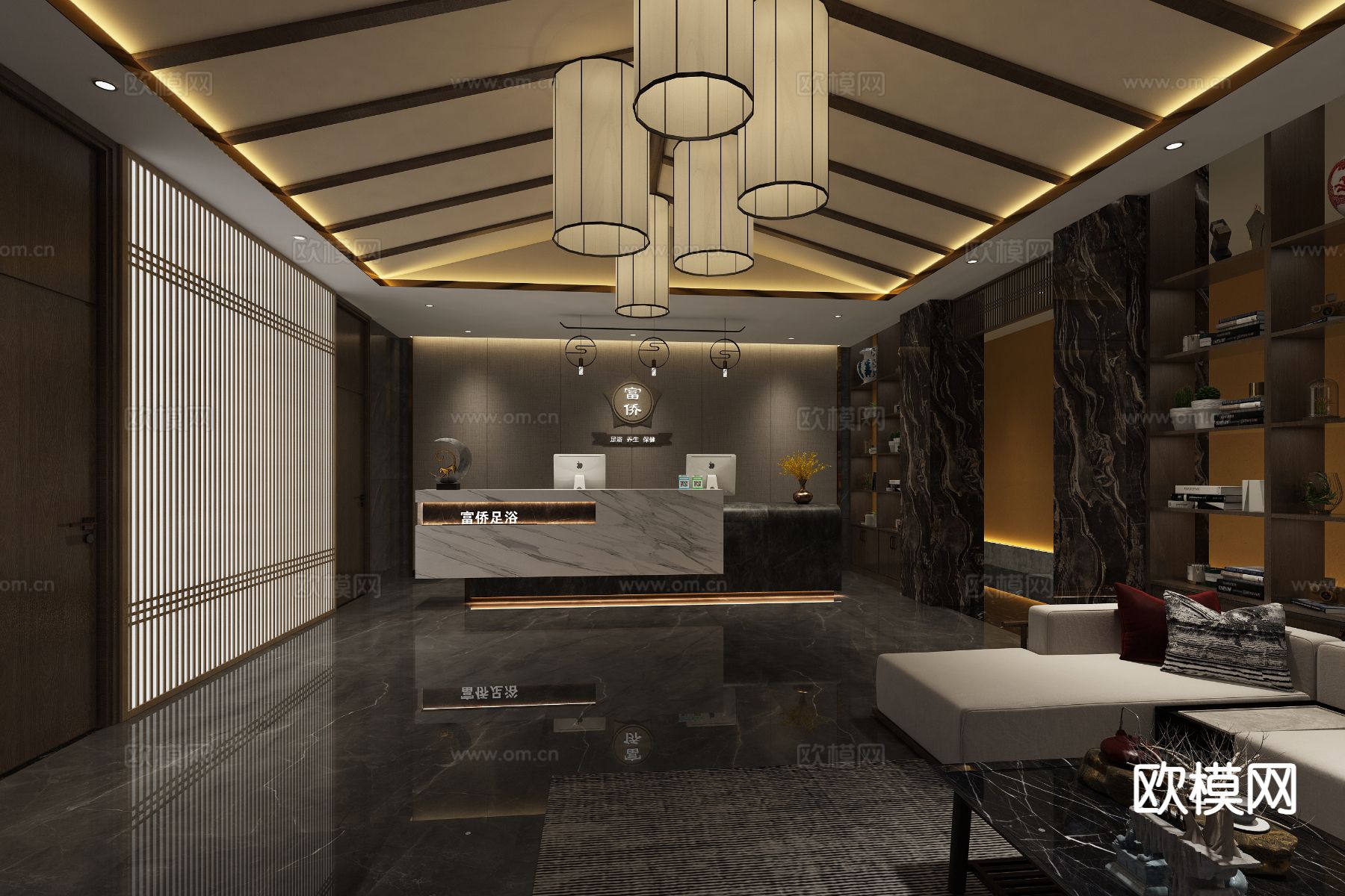 新中式洗浴中心大厅3d模型下载（渲染图1）