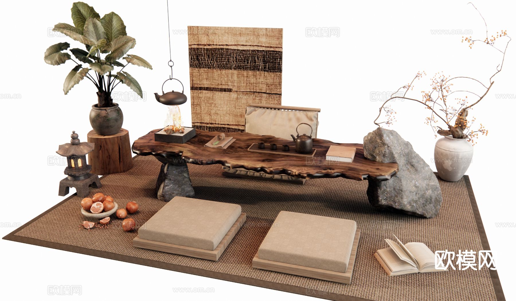 中古风茶台 榻榻米茶桌椅su模型下载（渲染图2）