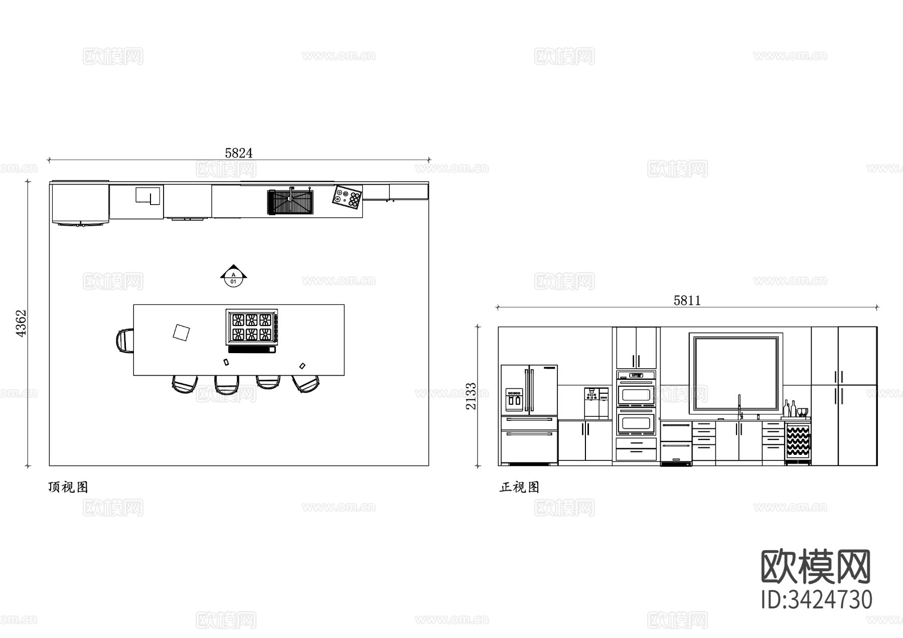 北欧开放式厨房cad平面图下载