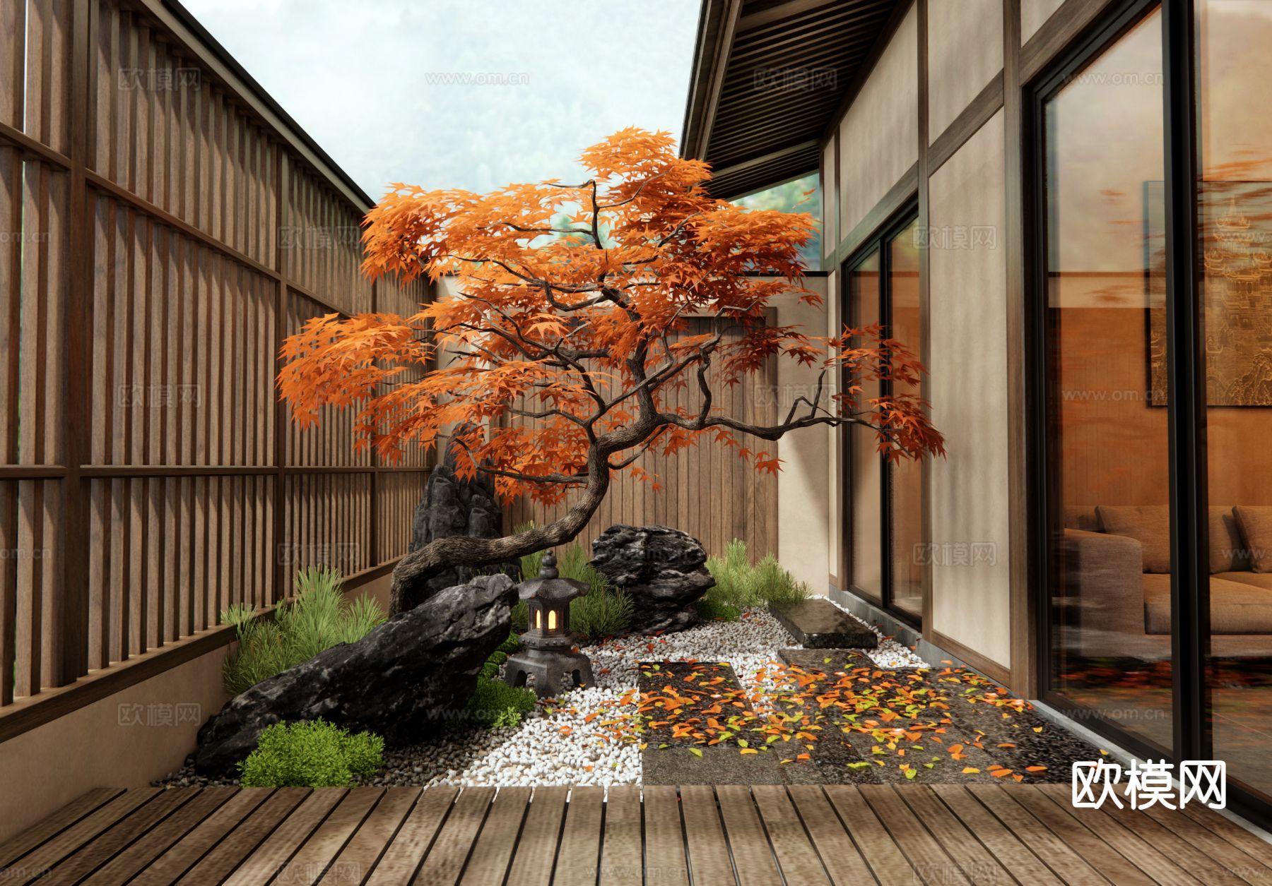 日式庭院 红枫树su模型下载（渲染图2）