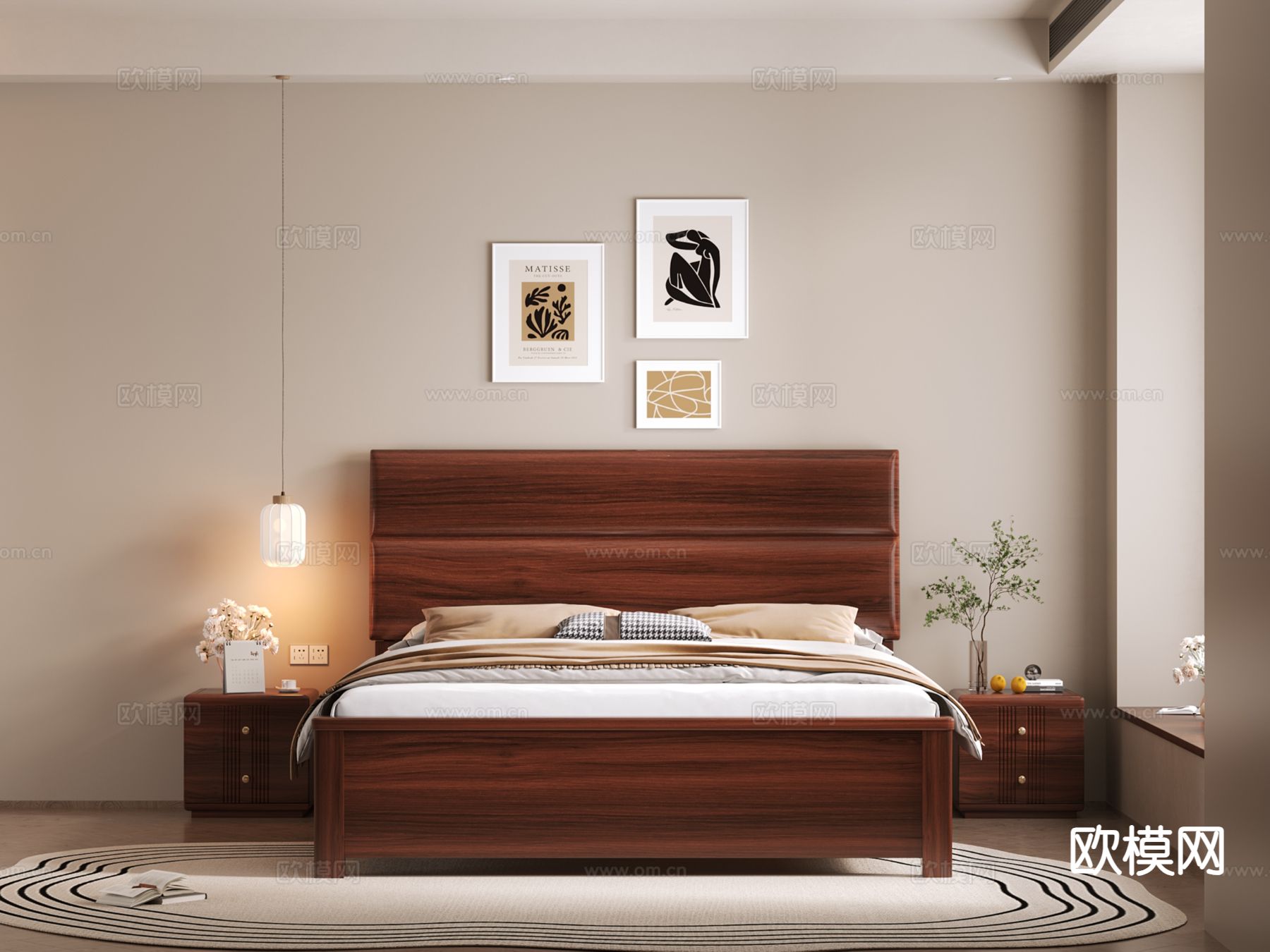 新中式双人床3d模型下载