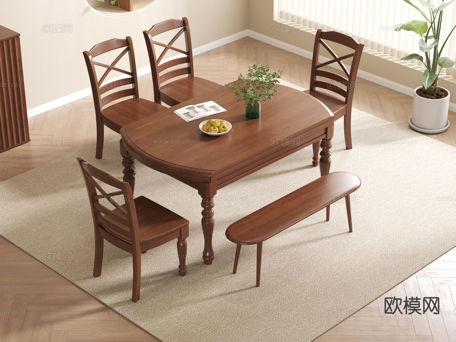 中古风餐桌3d模型下载