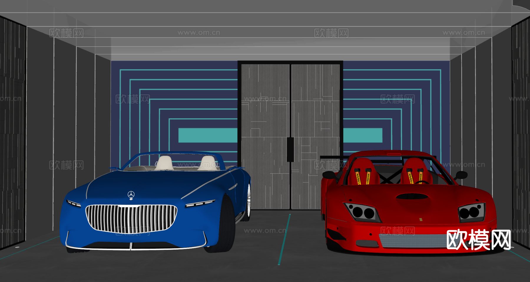 室内停车场 车库 法拉利跑车su模型下载（渲染图1）