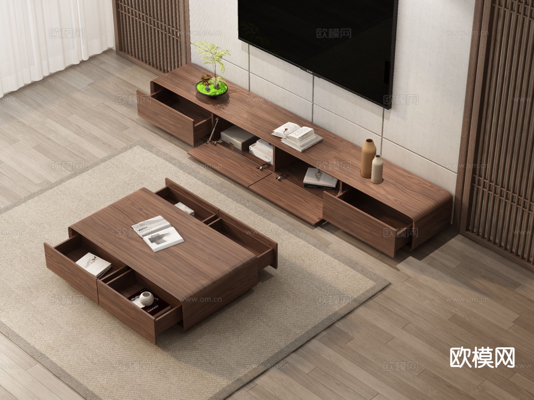 中式茶几 电视柜3d模型