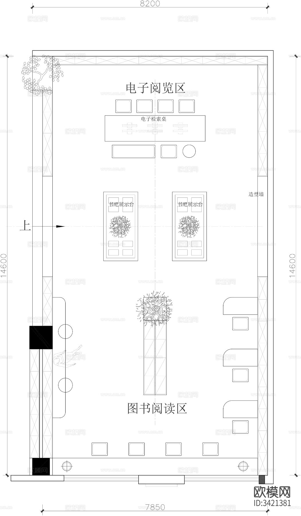 图书阅读室CAD平面图下载（渲染图2）