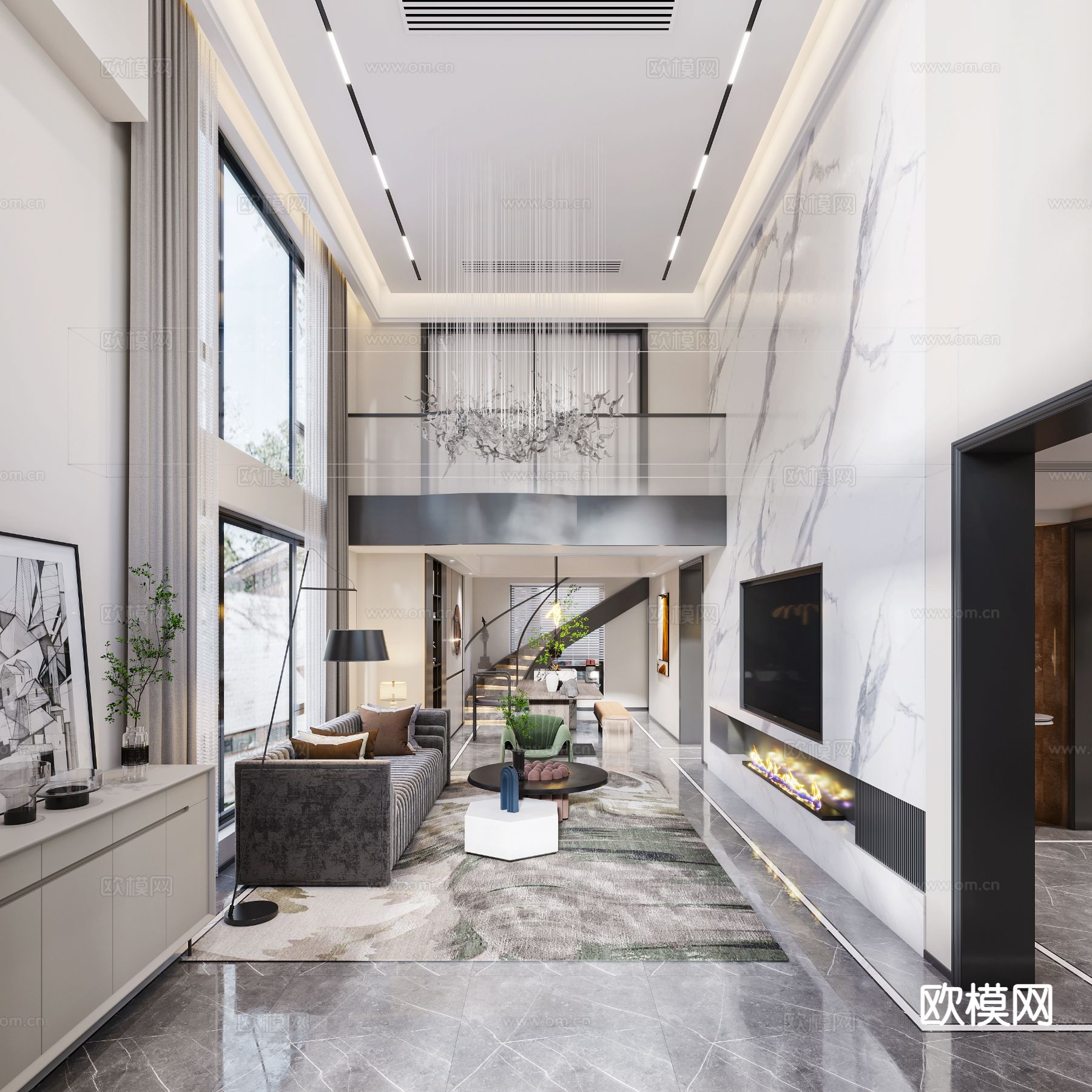 现代别墅客餐厅3d模型下载（渲染图1）