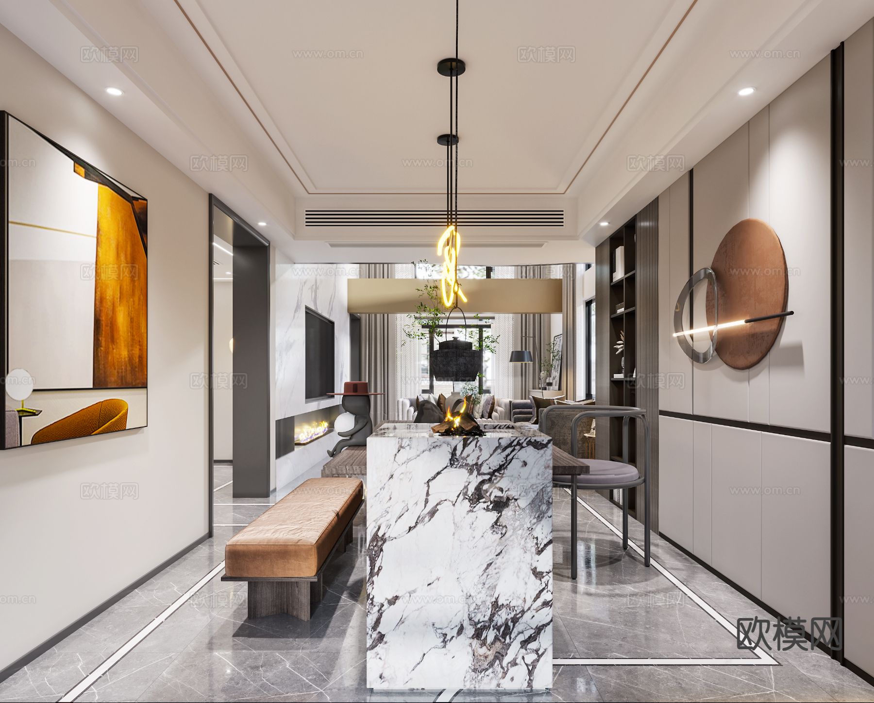 现代别墅客餐厅3d模型下载（渲染图3）