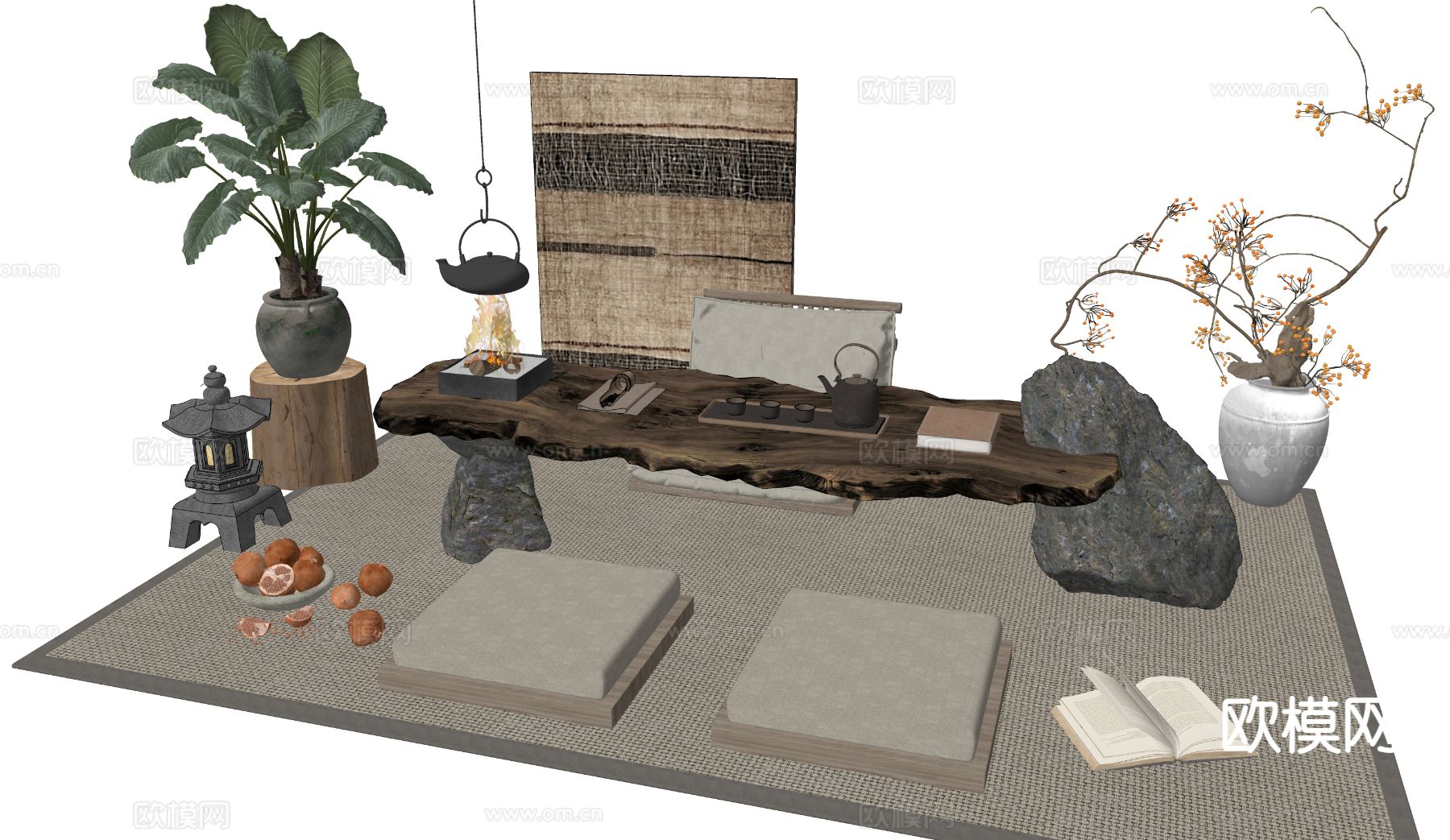 中古风茶台 榻榻米茶桌椅su模型下载（渲染图1）