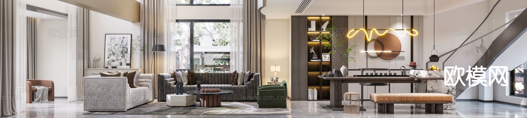 现代别墅客餐厅3d模型下载（渲染图2）