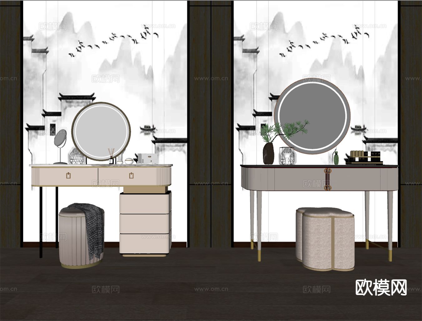 新中式梳妆台su模型下载（渲染图1）
