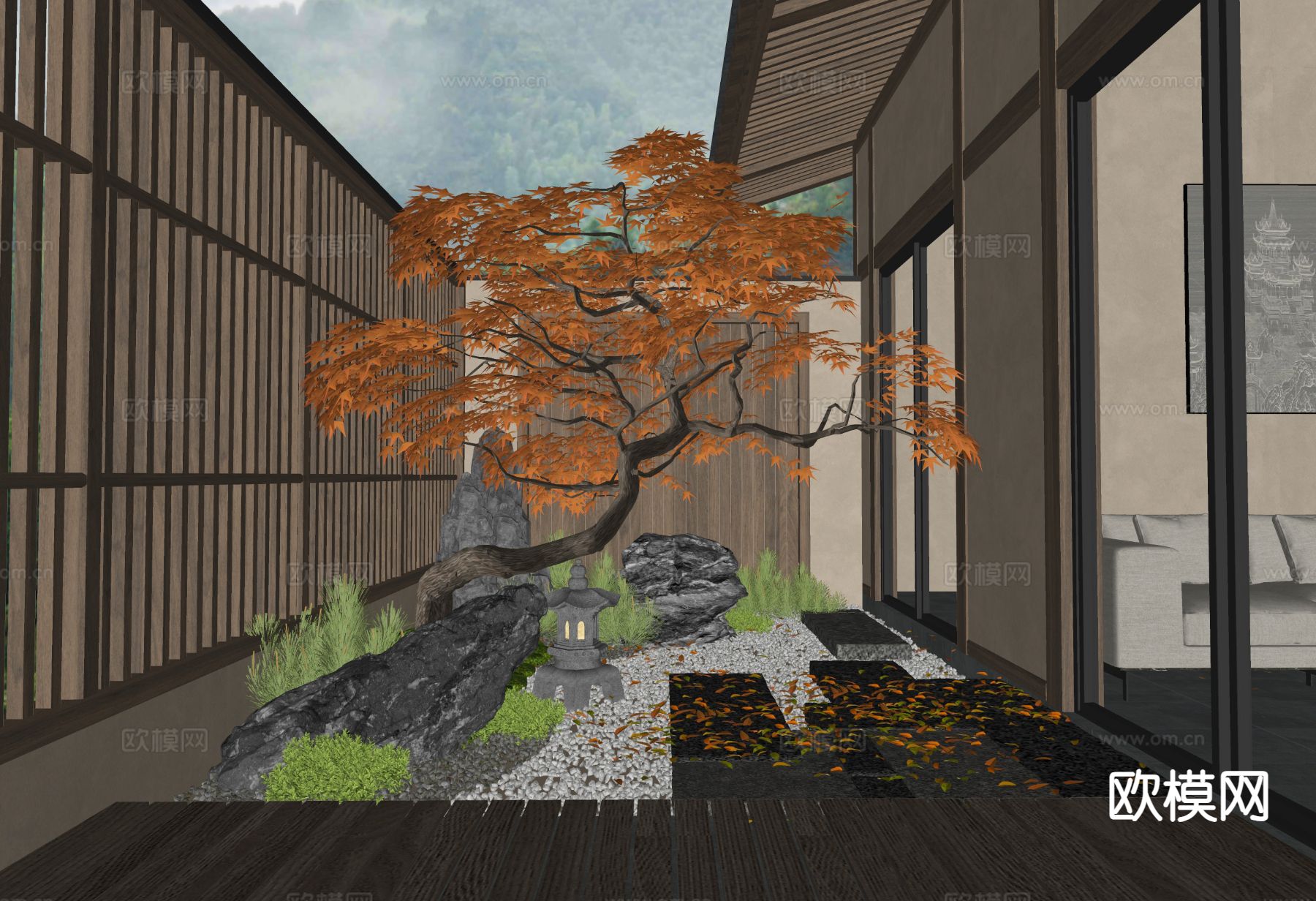 日式庭院 红枫树su模型下载（渲染图1）