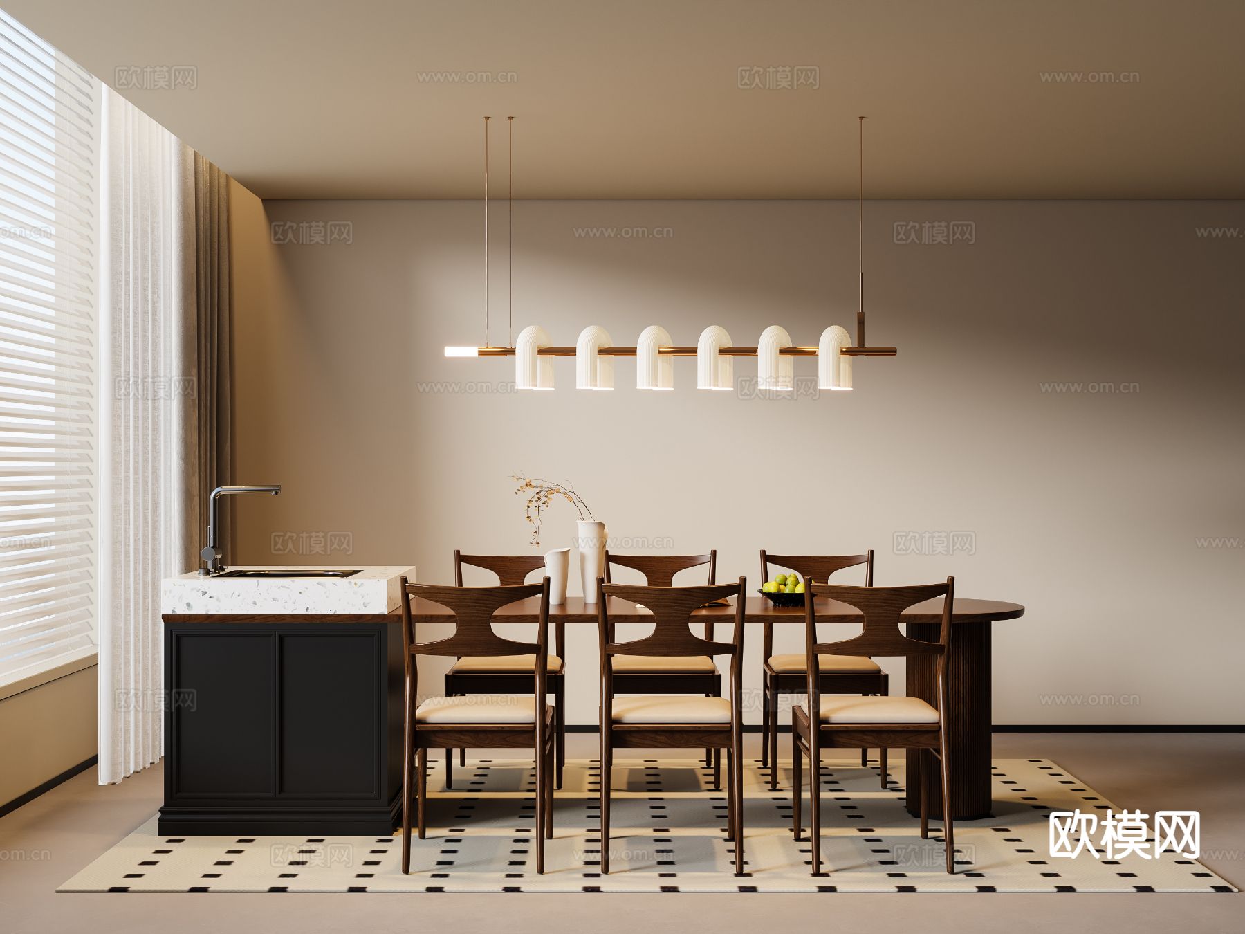 中古风餐桌椅 岛台餐桌3d模型下载