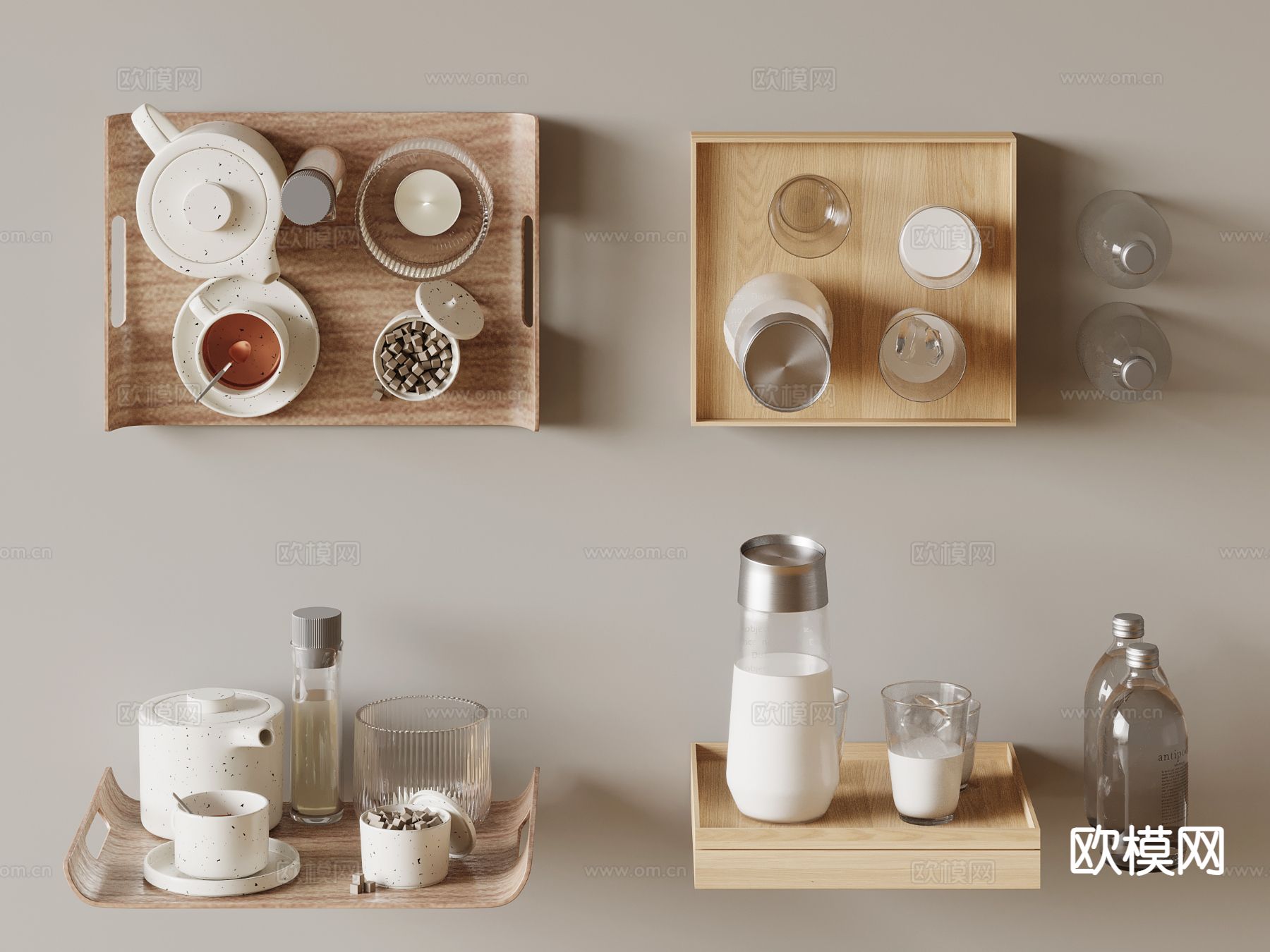 现代茶具摆件 茶盘 杯子su模型下载（渲染图2）