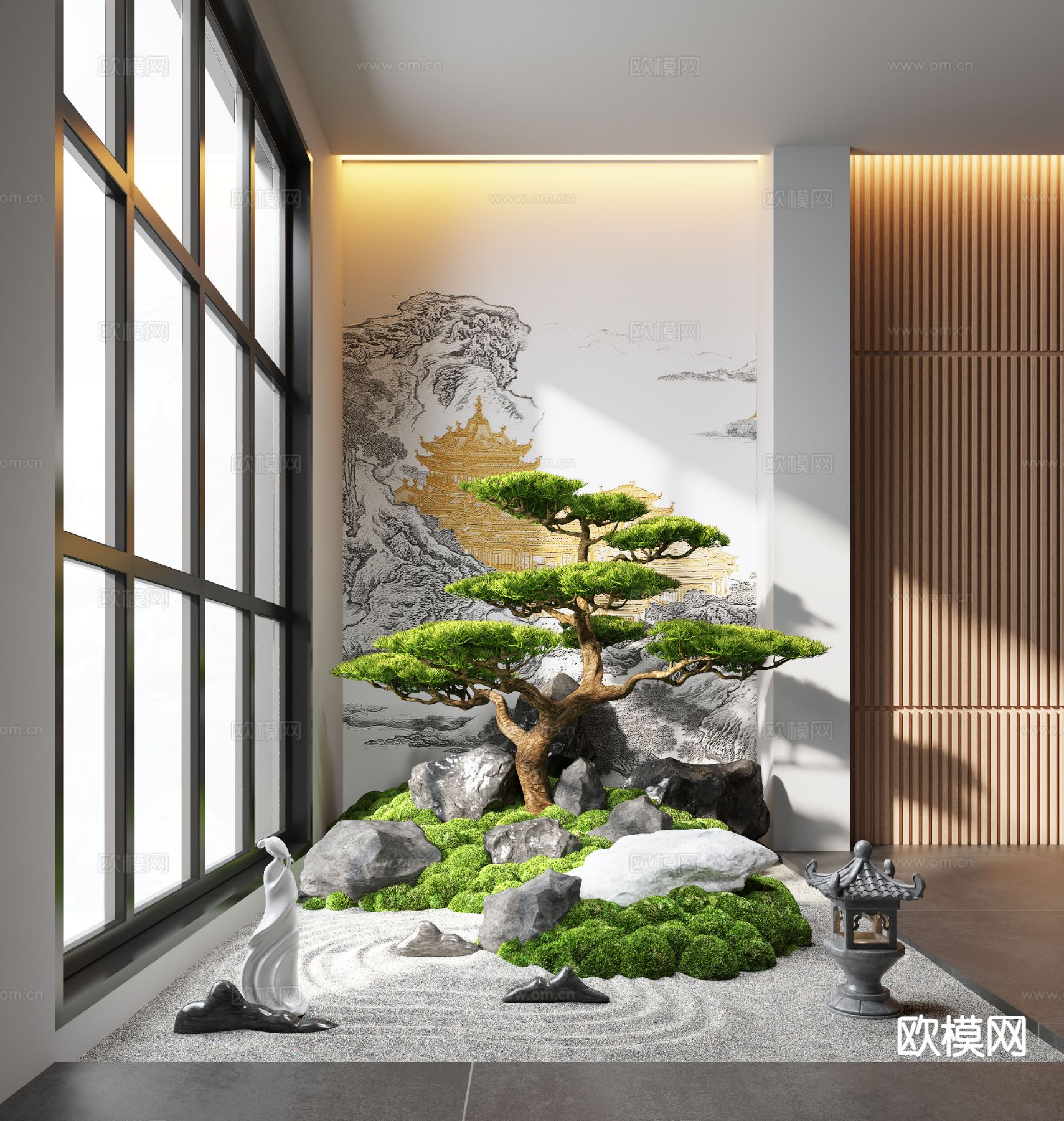 新中式室内景观 苔藓造景3d模型下载