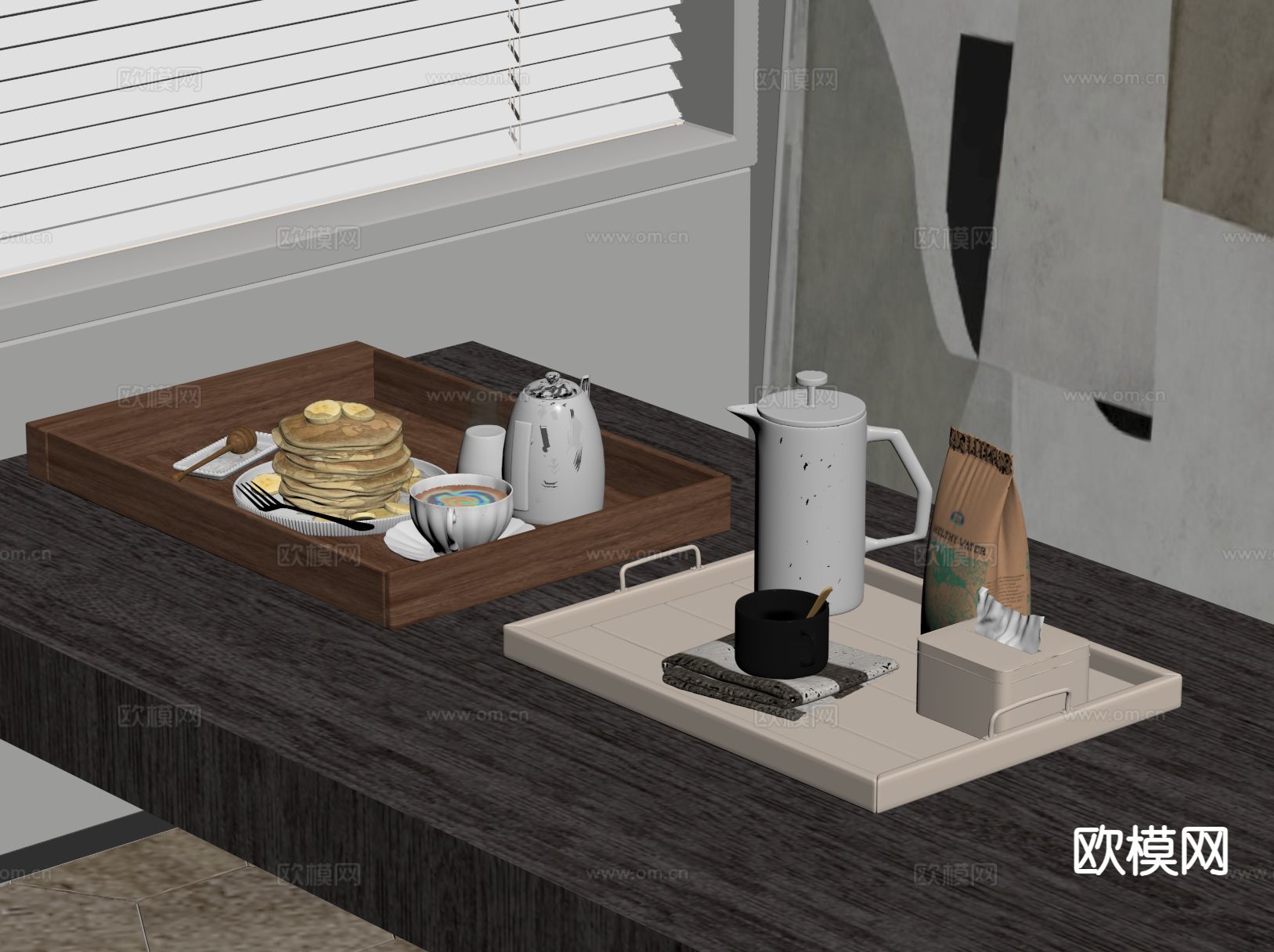 托盘套餐 茶杯 茶水 早点 甜点su模型下载（渲染图1）