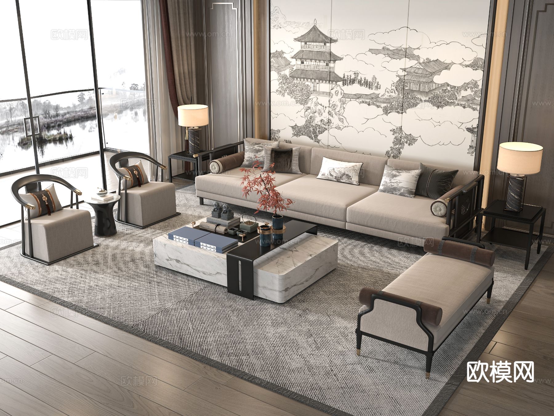 新中式组合沙发d模型下载