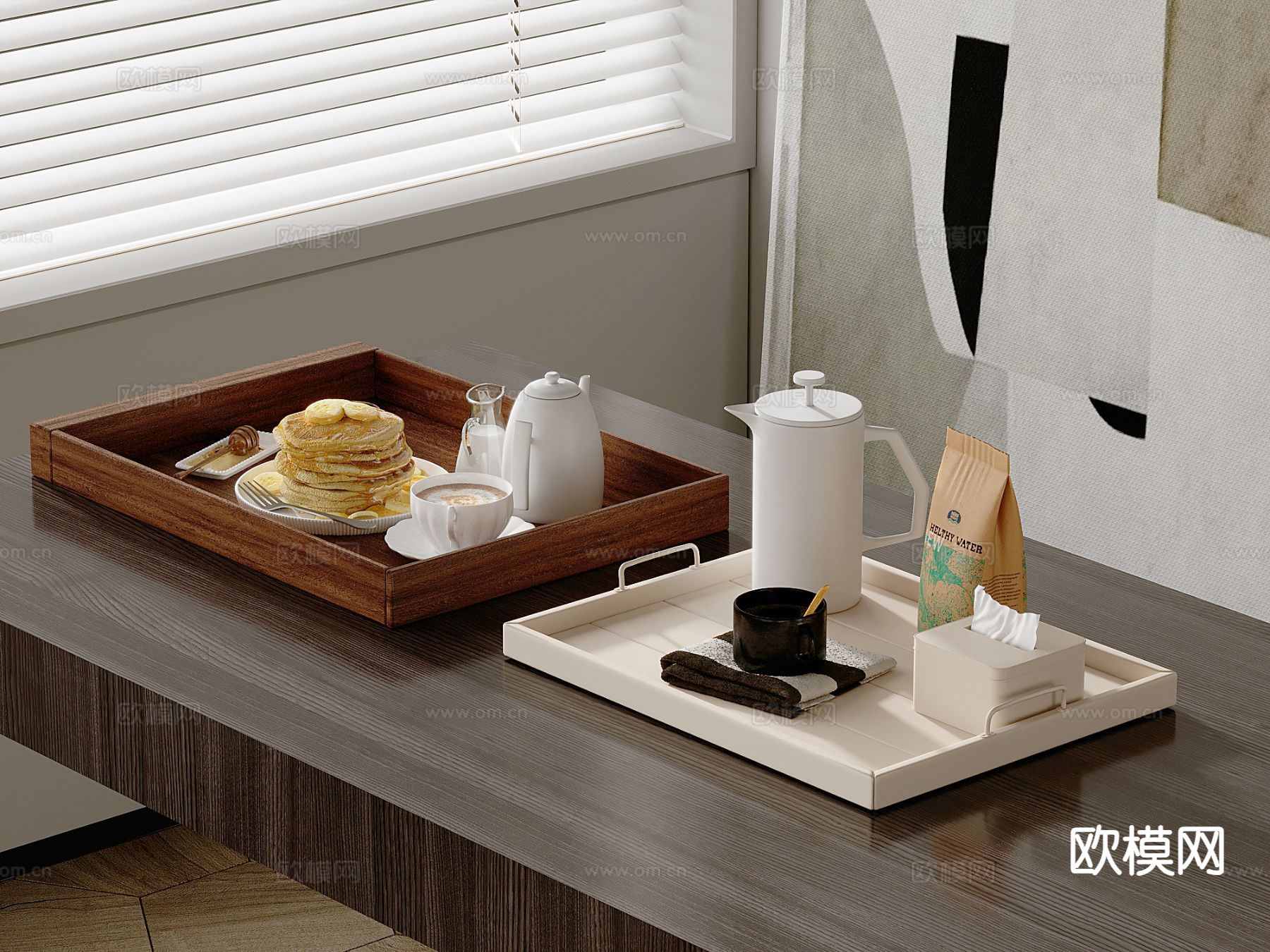 托盘套餐 茶杯 茶水 早点 甜点su模型下载（渲染图2）