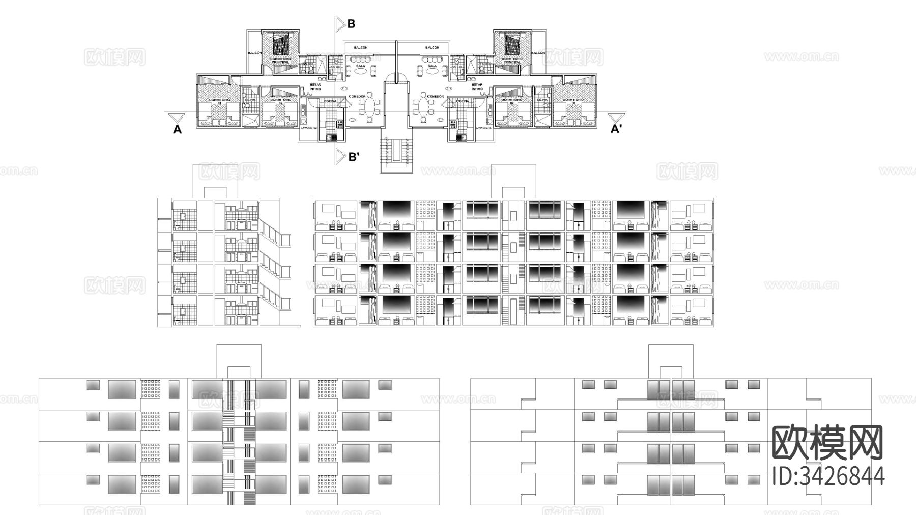 公寓大楼cad施工图下载（渲染图2）