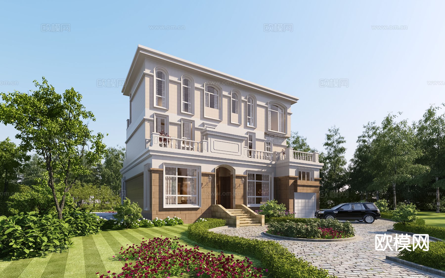简欧别墅外观3d模型下载（渲染图2）