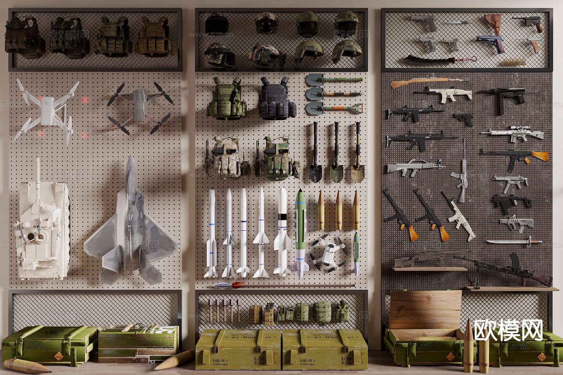 军事装备 防弹衣 物资箱 枪支3d模型下载