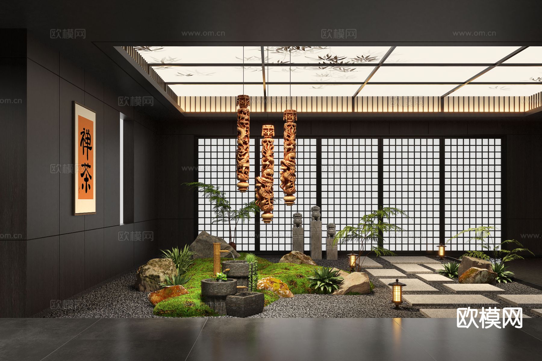 新中式室内景观 苔藓造景3d模型下载