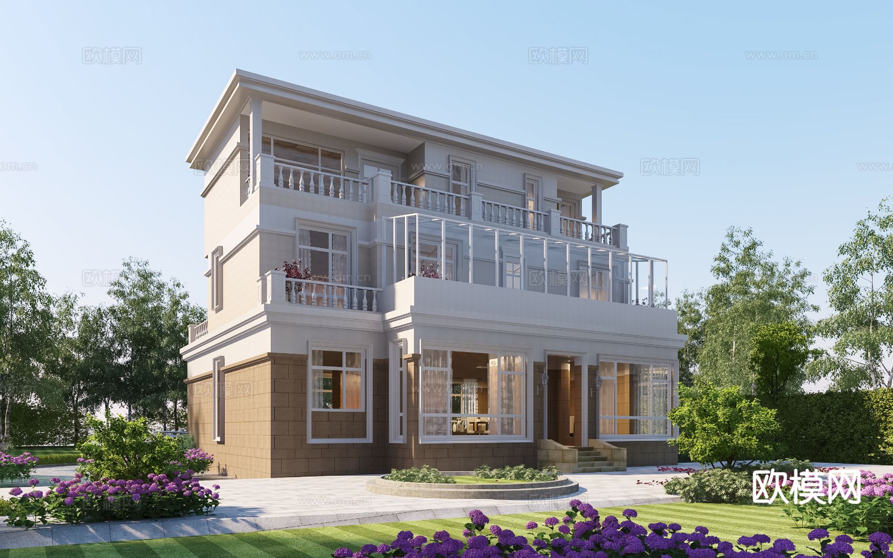 简欧别墅外观3d模型下载（渲染图1）