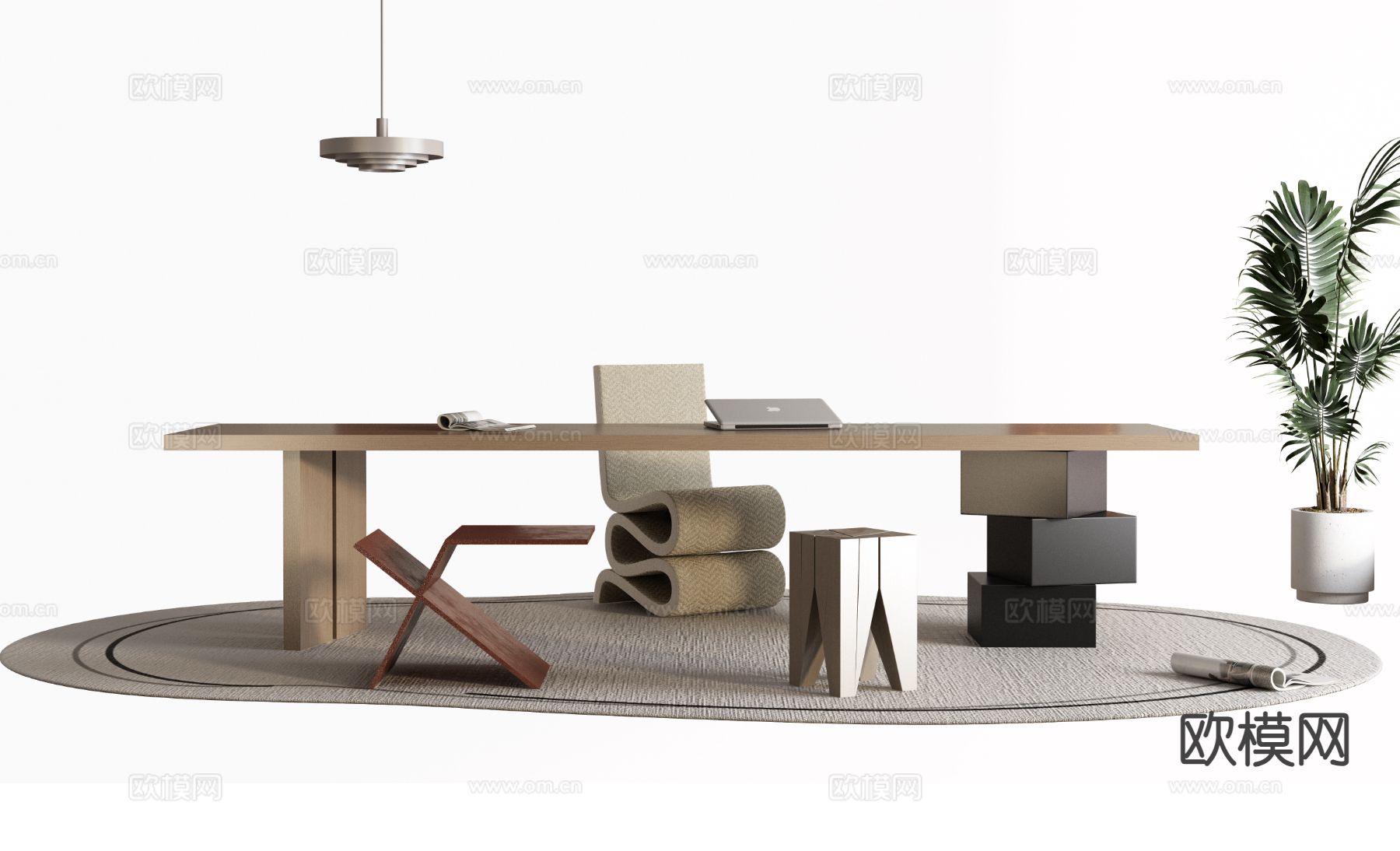 新中式书桌 电脑桌3d模型下载