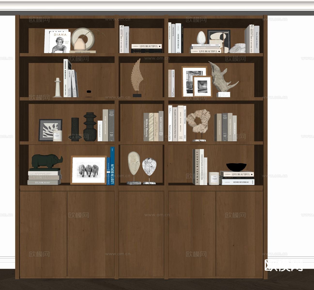 原木风书柜su模型下载（渲染图1）