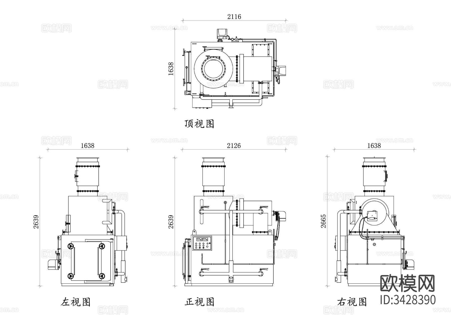 钢质垃圾焚烧炉四视图cad大样图下载