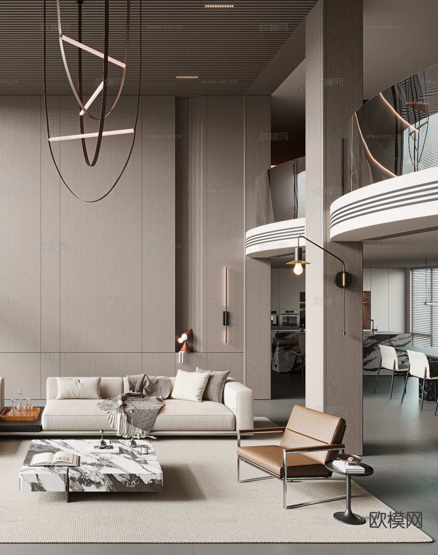 现代别墅客餐厅3d模型下载（渲染图1）