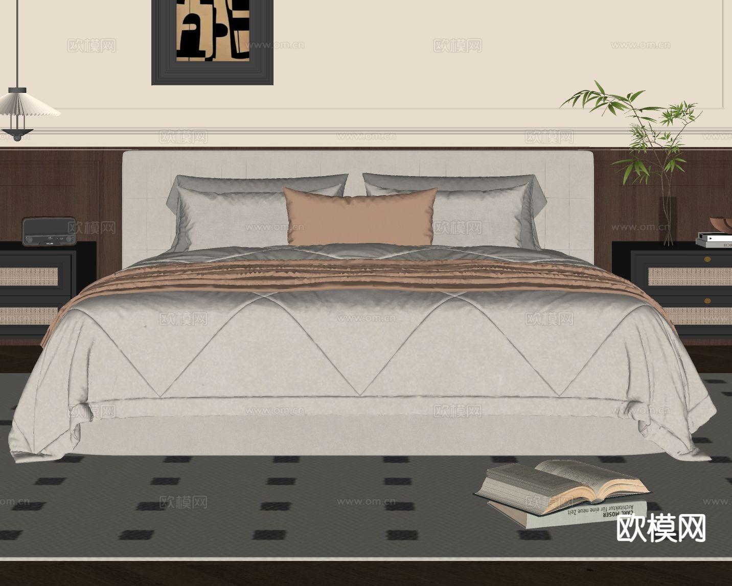 法式双人床su模型下载（渲染图1）