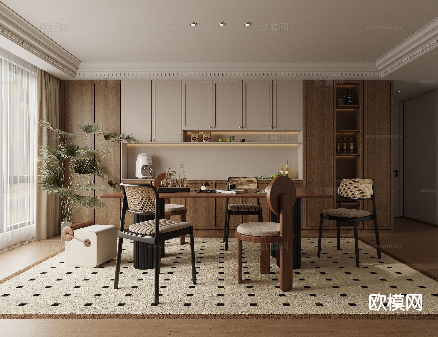 法式餐厅 木桌椅3d模型下载（渲染图2）
