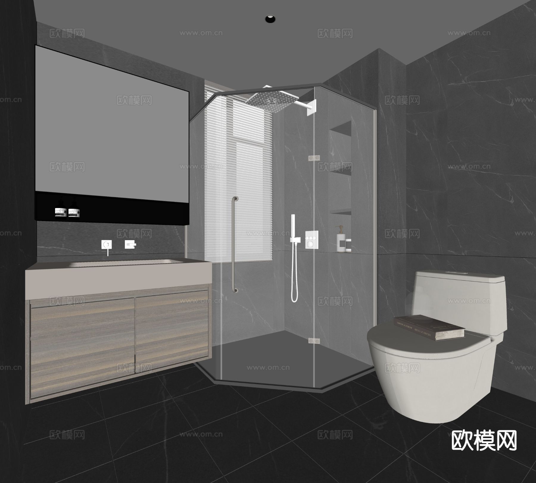 暗黑风卫生间 浴室su模型下载（渲染图1）