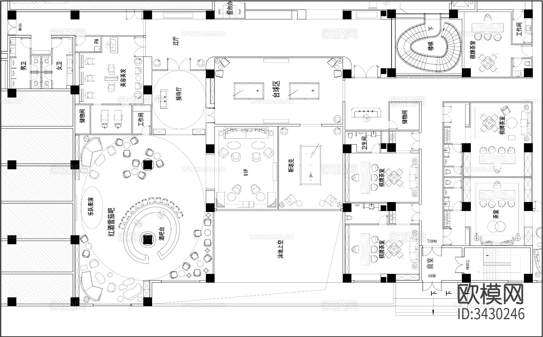 会所平面 红酒吧 雪茄吧 棋牌室 台球室cad平面图下载