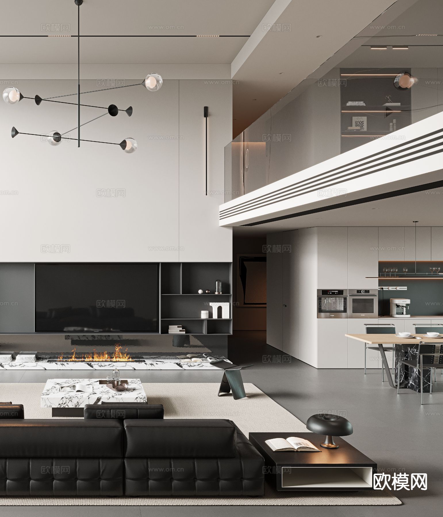 现代别墅客餐厅3d模型下载（渲染图2）