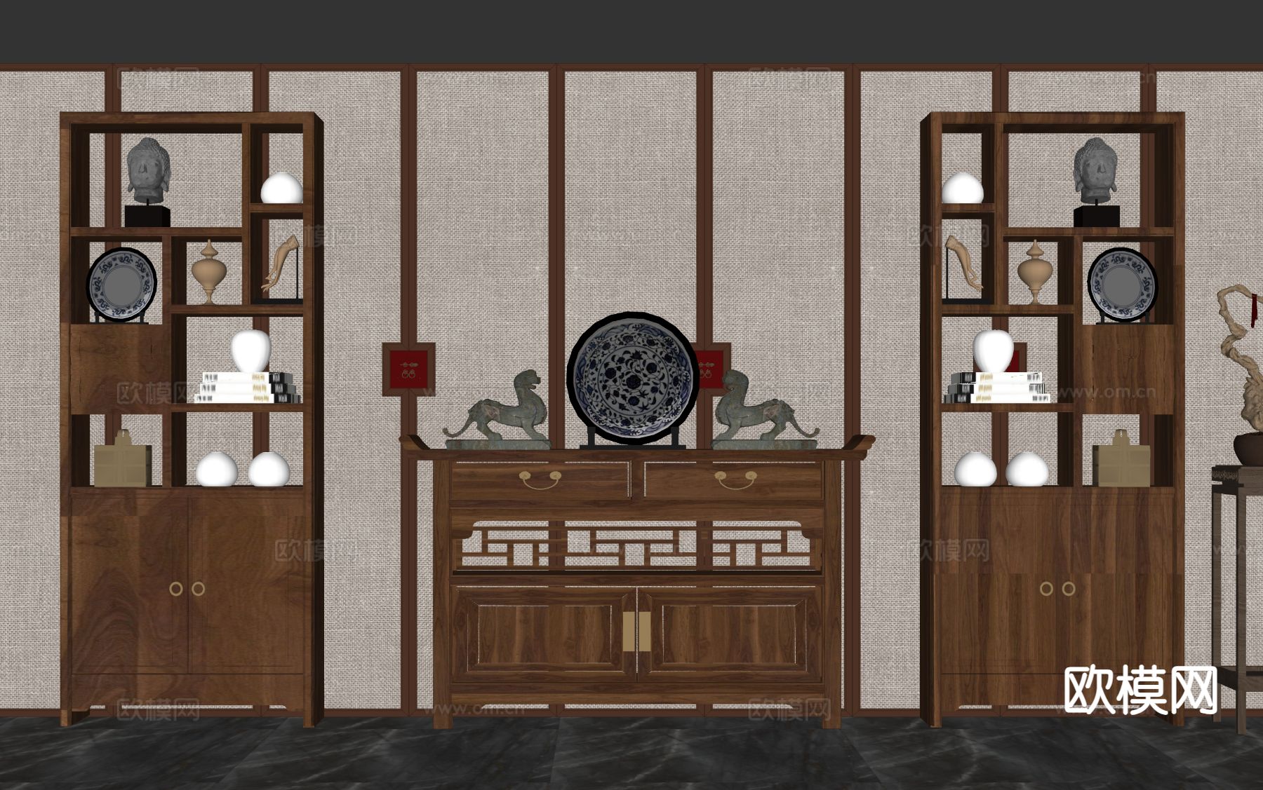 新中式博古架su模型下载（渲染图1）