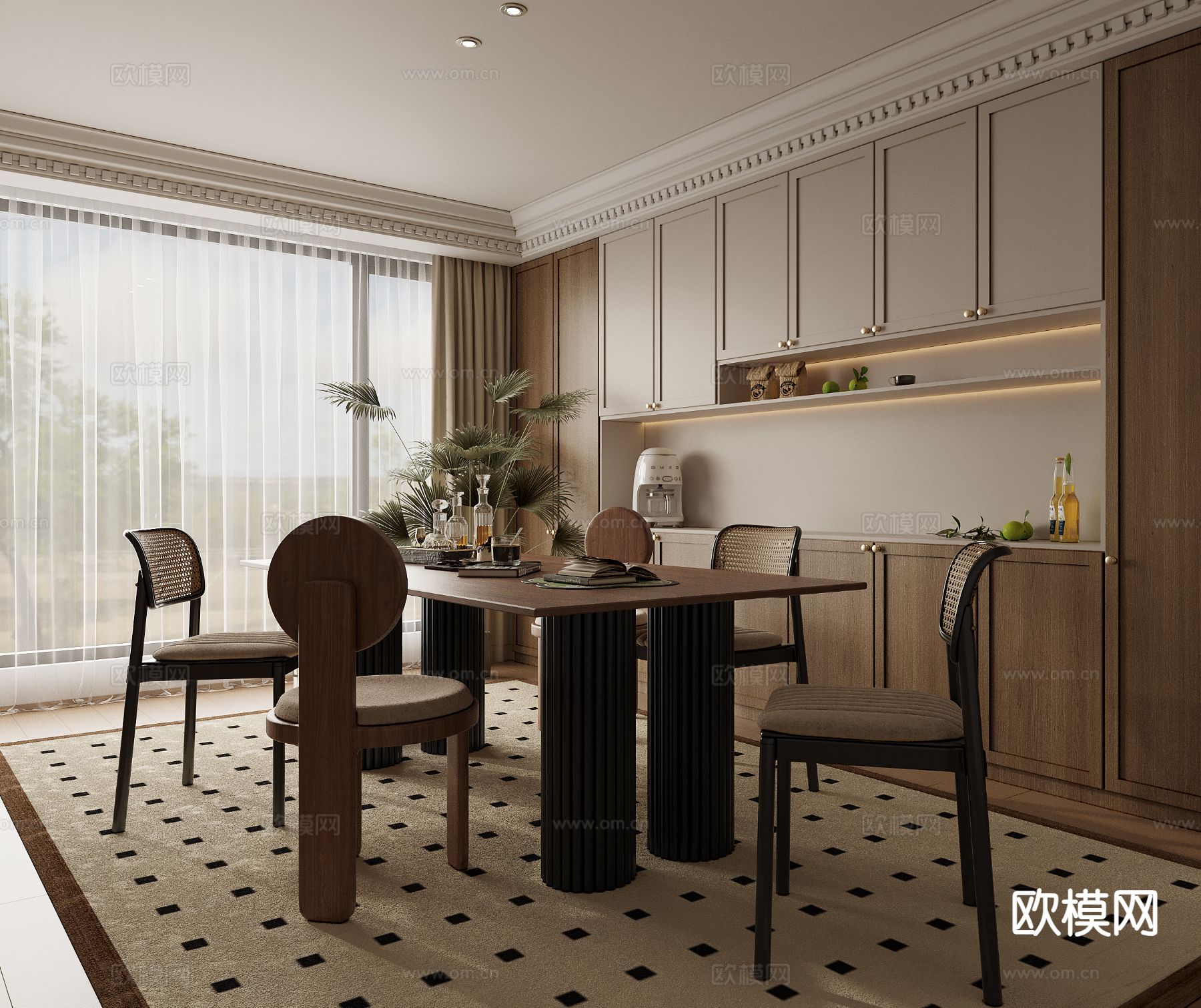 法式餐厅 木桌椅3d模型下载（渲染图1）