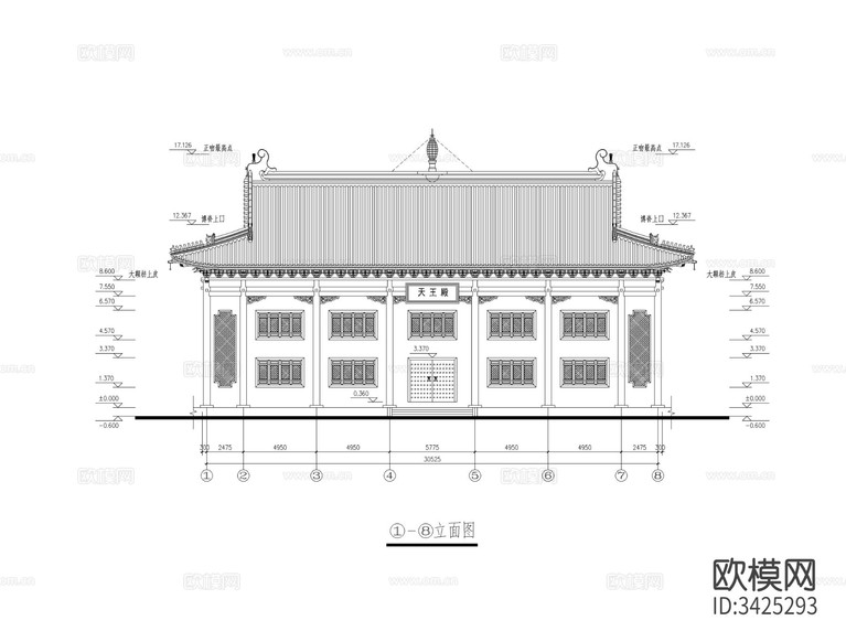 洗心禪寺天王殿CAD施工圖下載(渲染圖9)