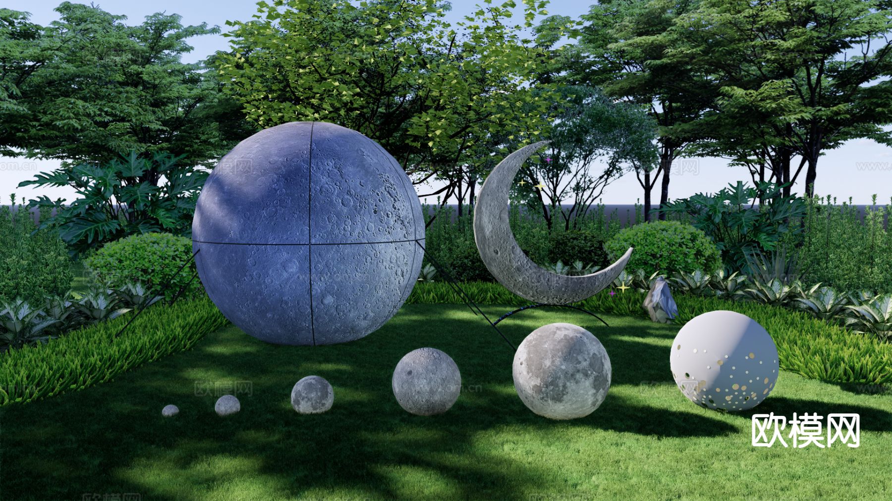 现代月球灯 月亮灯 景观灯su模型下载（渲染图2）