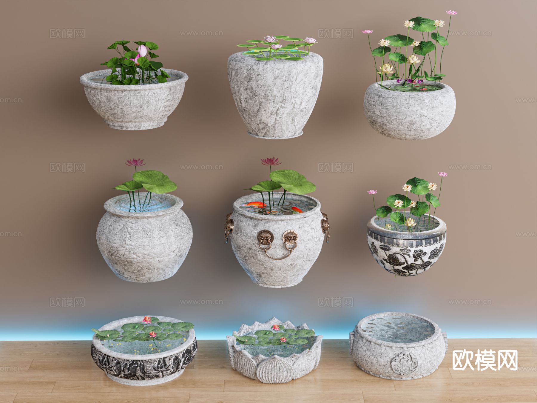 新中式庭院水景 荷花池3d模型下载