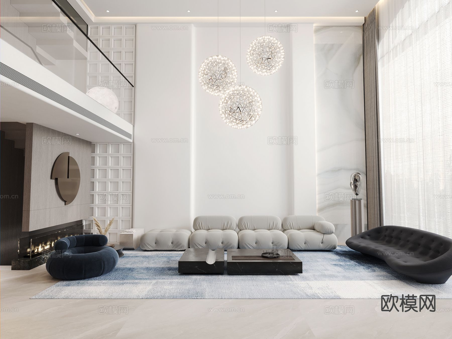 现代别墅客厅3d模型下载（渲染图1）