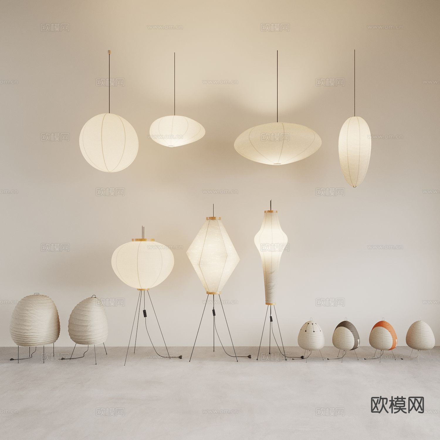 侘寂风落地灯 纸扎灯笼 吊灯3d模型下载