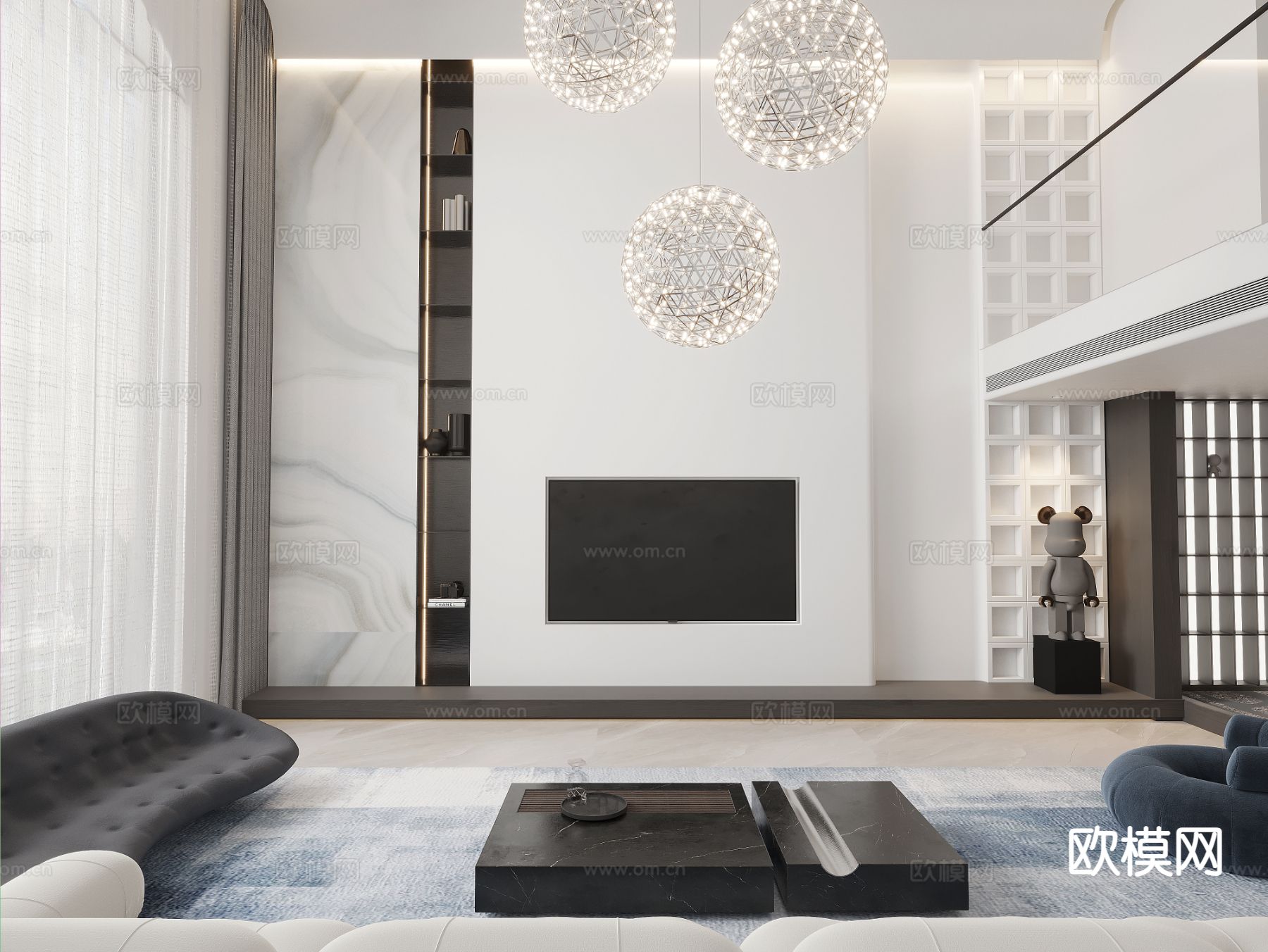 现代别墅客厅3d模型下载（渲染图4）