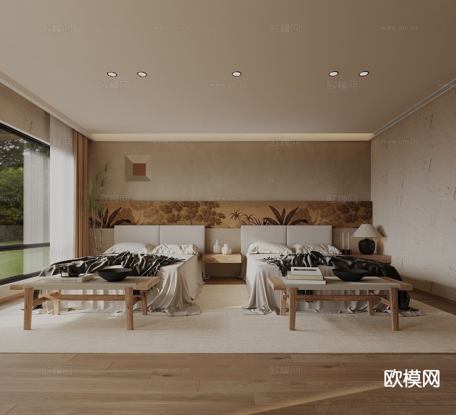 中古风酒店 双床房3d模型下载（渲染图3）