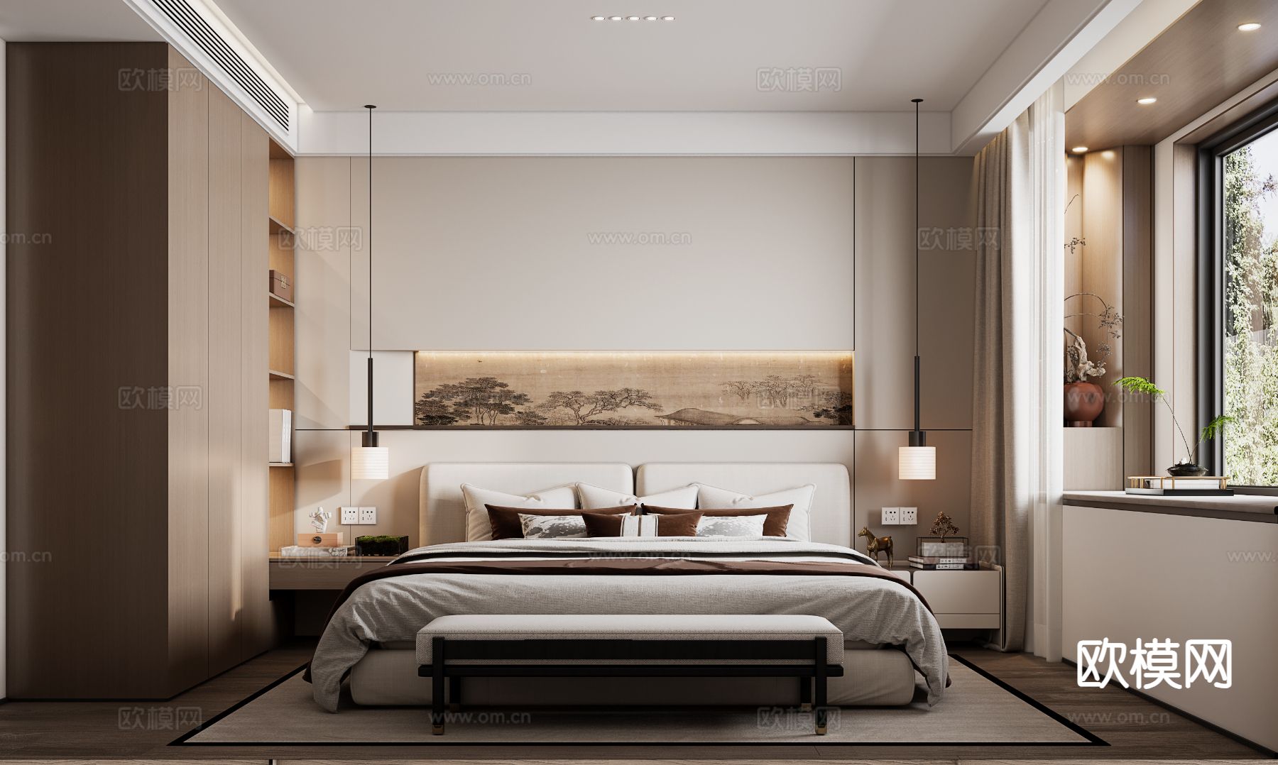 新中式卧室 主卧 宋式风卧室3d模型下载（渲染图1）