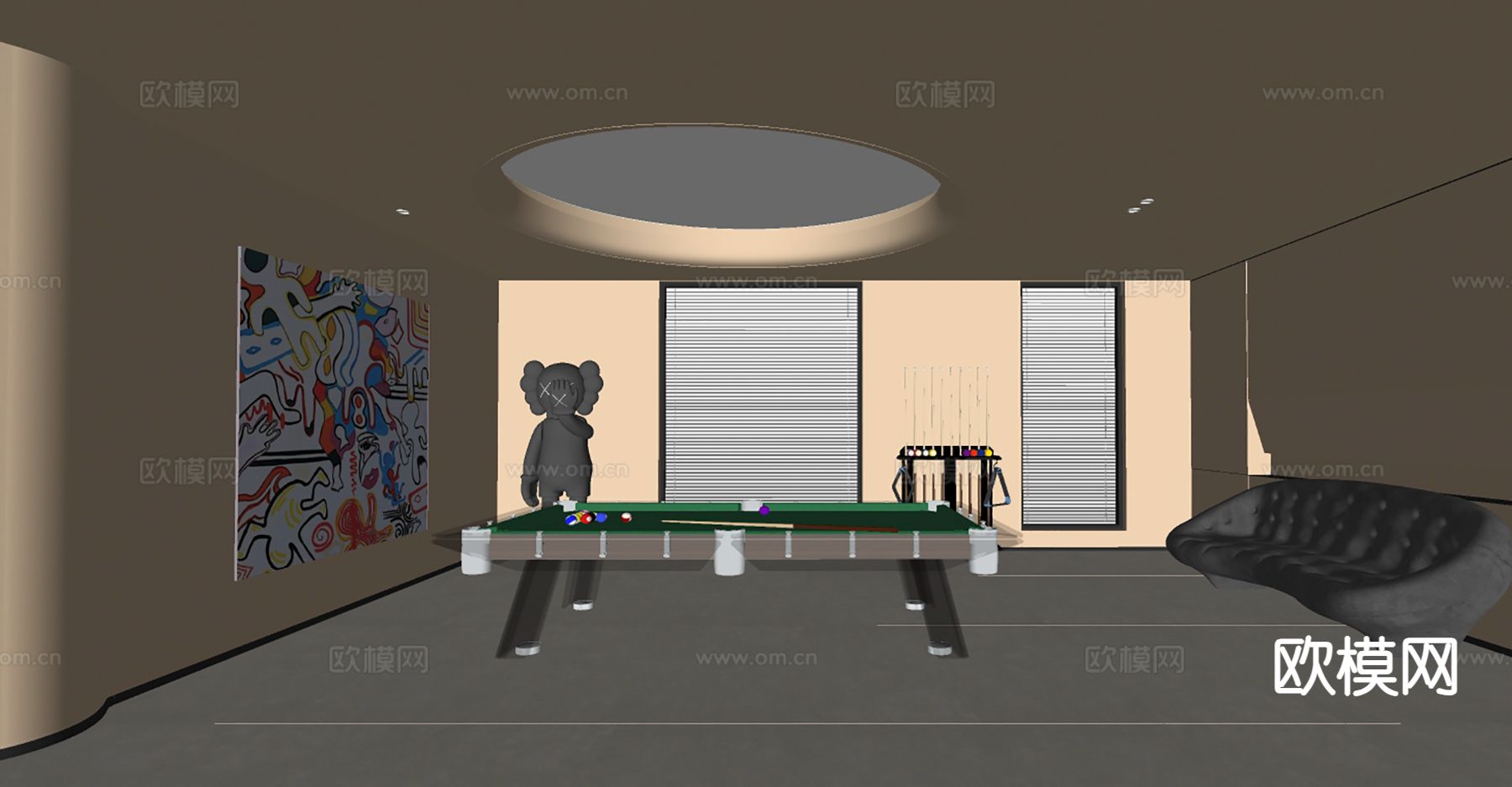 现代台球室 休闲室su模型下载（渲染图1）
